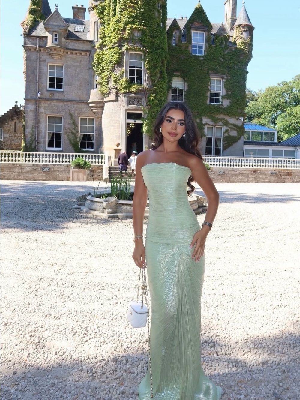 Strapless Pleated Maxi Gown in Sage Green with Draped Cape